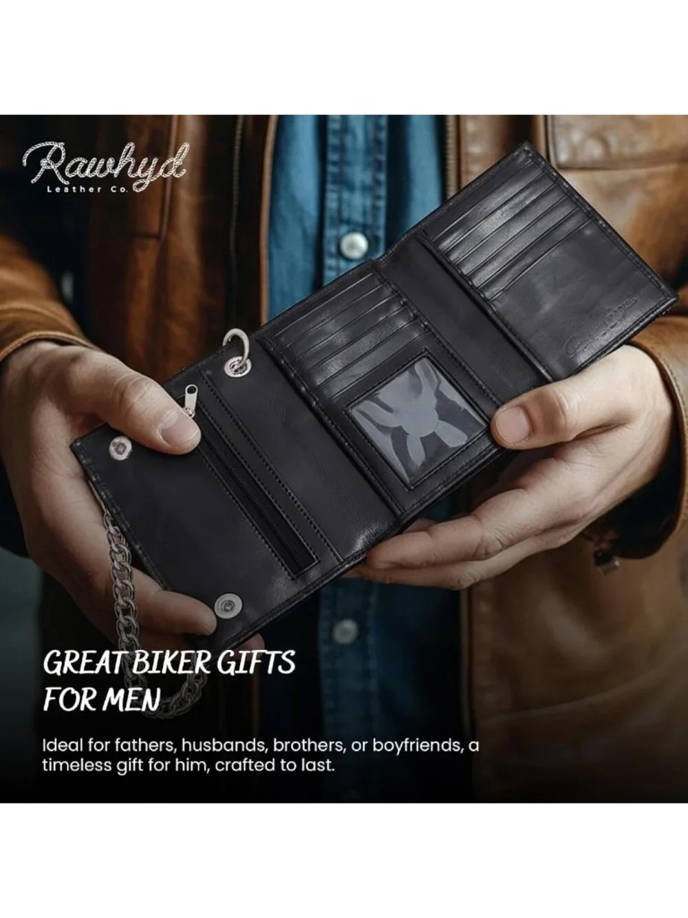 Full Grain Leather Biker Wallet with Chain for Men - Zipper Coin Pocket, ID
